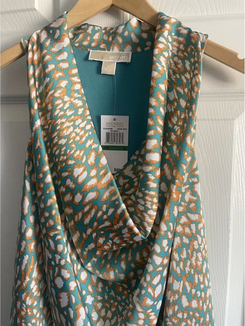 MICHAEL KORS Sleeveless Top Tunic L Teal Orange Satin Drape Cowl Pullover NEW